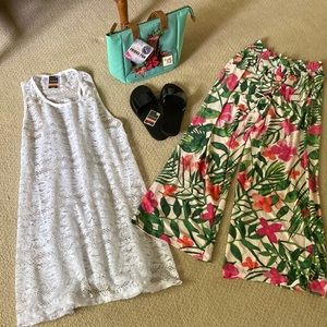 Swimsuit coverup sandals bag coverup pants